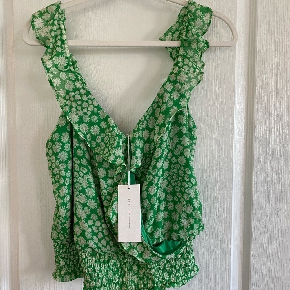 Lush‎ Green Floral Top Cropped Blouse With White Flowers Women's L milkmaid Boho